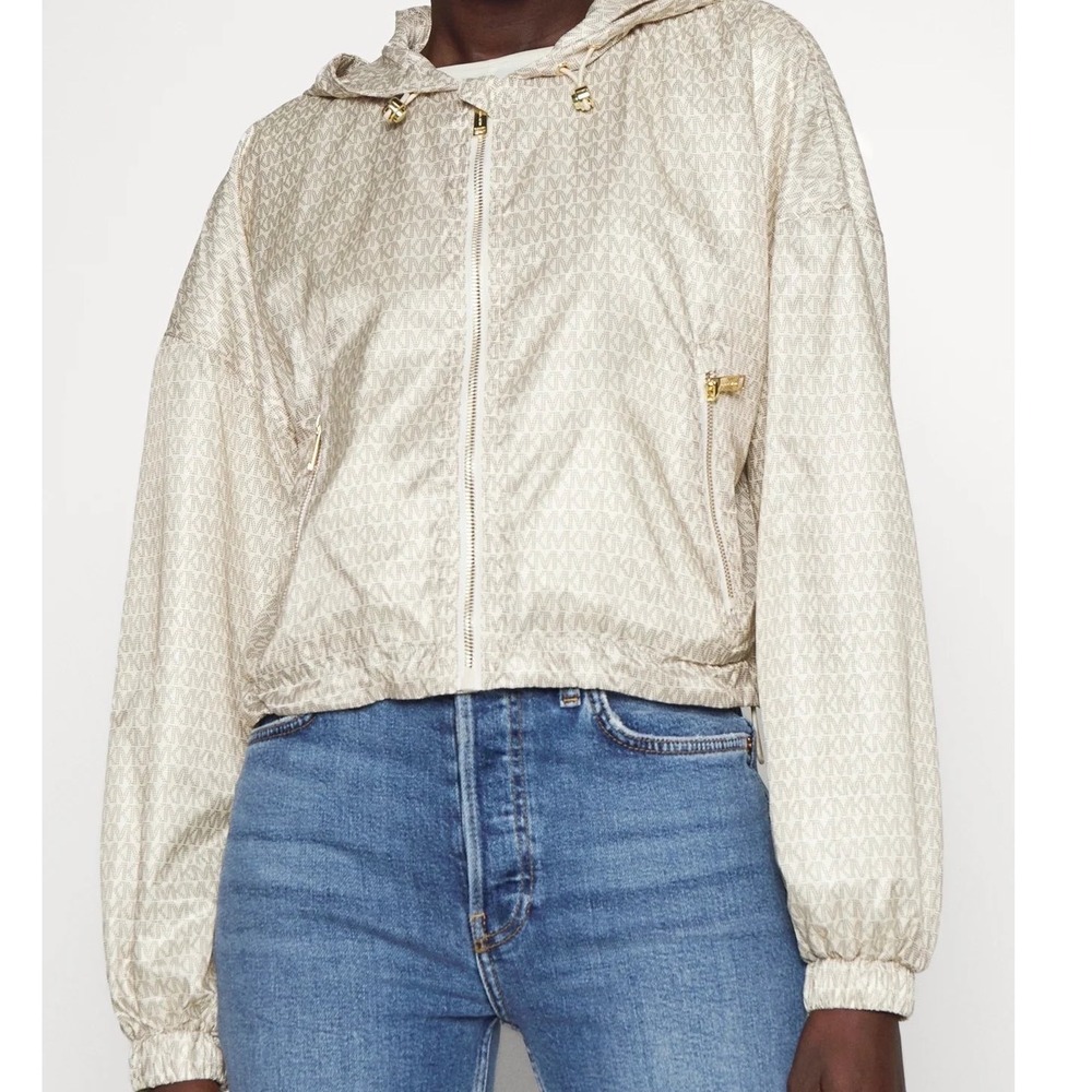 Michael Kors Womens Logo Bomber Jacket Beige Gold Chunky Gold Hardware Sz Small